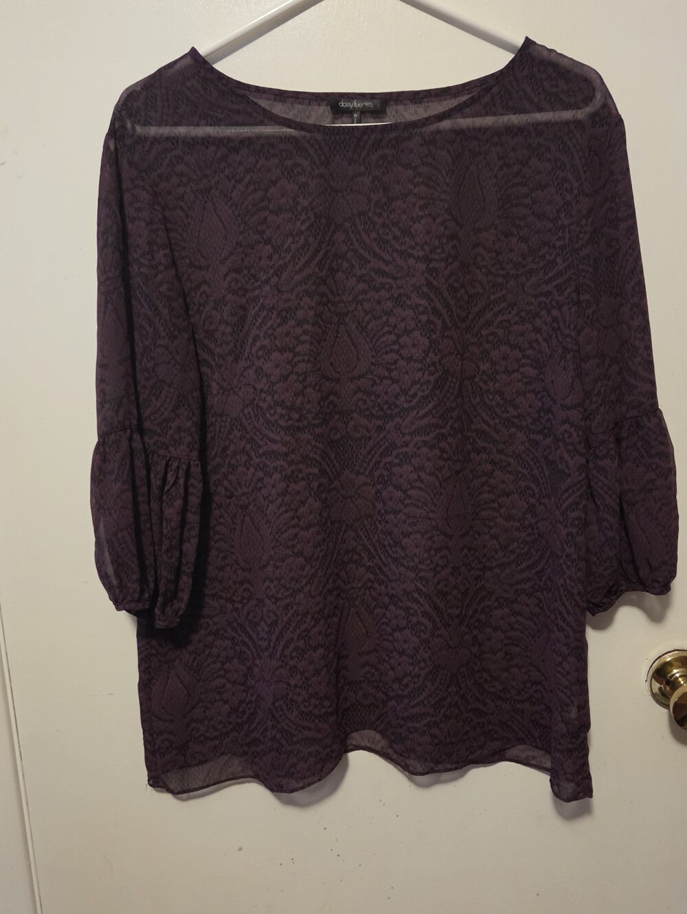 Deep Purple Lace-Print 3/4 Sleeve Blouse Fits Closer to a LG